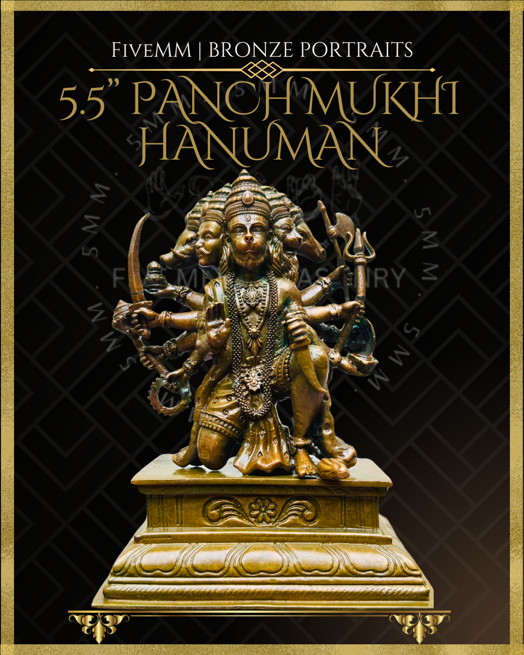 Pancha Mukhi Hanuman Panchaloha Bronze statue – Shilpa Sastra iconography, handcrafted lost wax casting – Front view