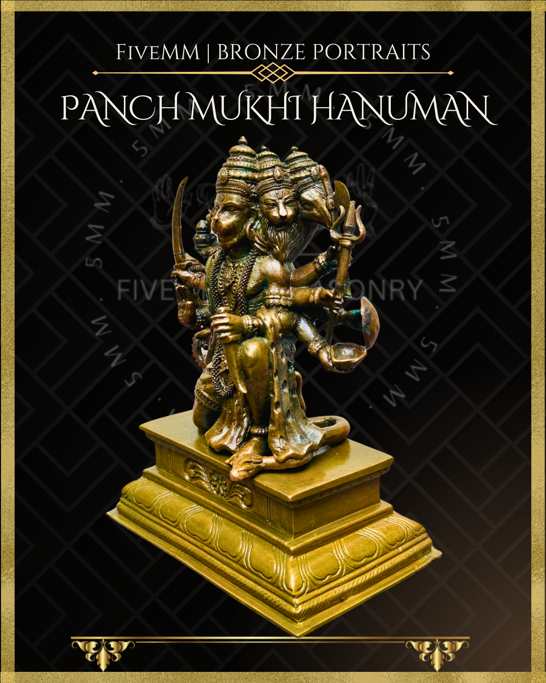 Pancha Mukhi Hanuman Panchaloha Bronze statue – Shilpa Sastra iconography, handcrafted lost wax casting – Left facing view