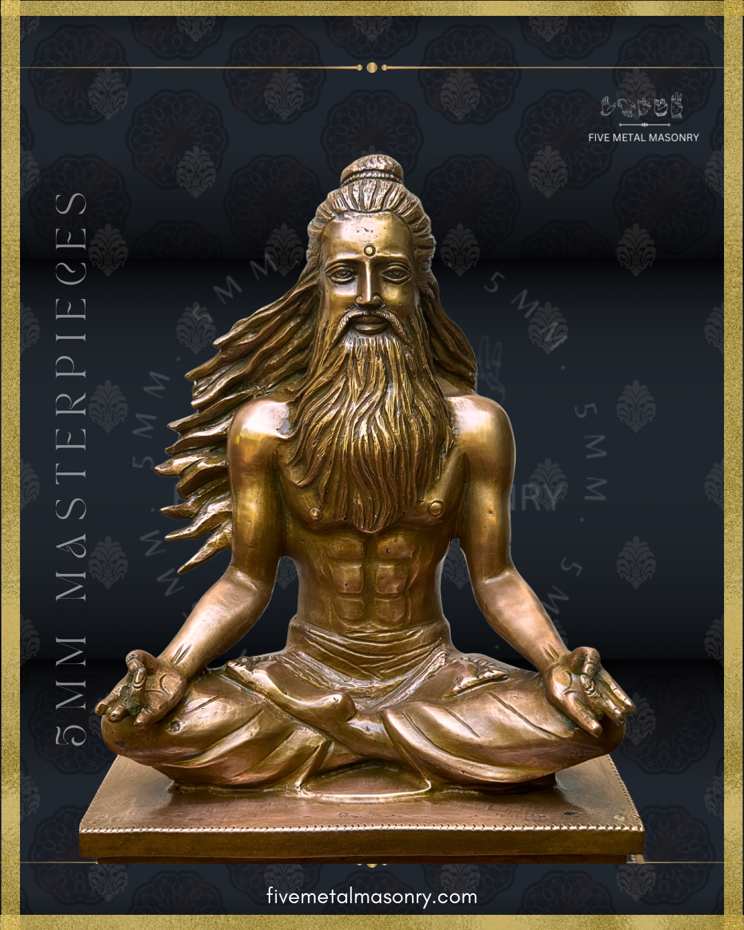 Closeup view of Handcrafted Thirumoolar Saiva saint in Panchaloha bronze, seated in meditation with flowing jata, long beard and tiered pedestal, from the Masterpieces collection.