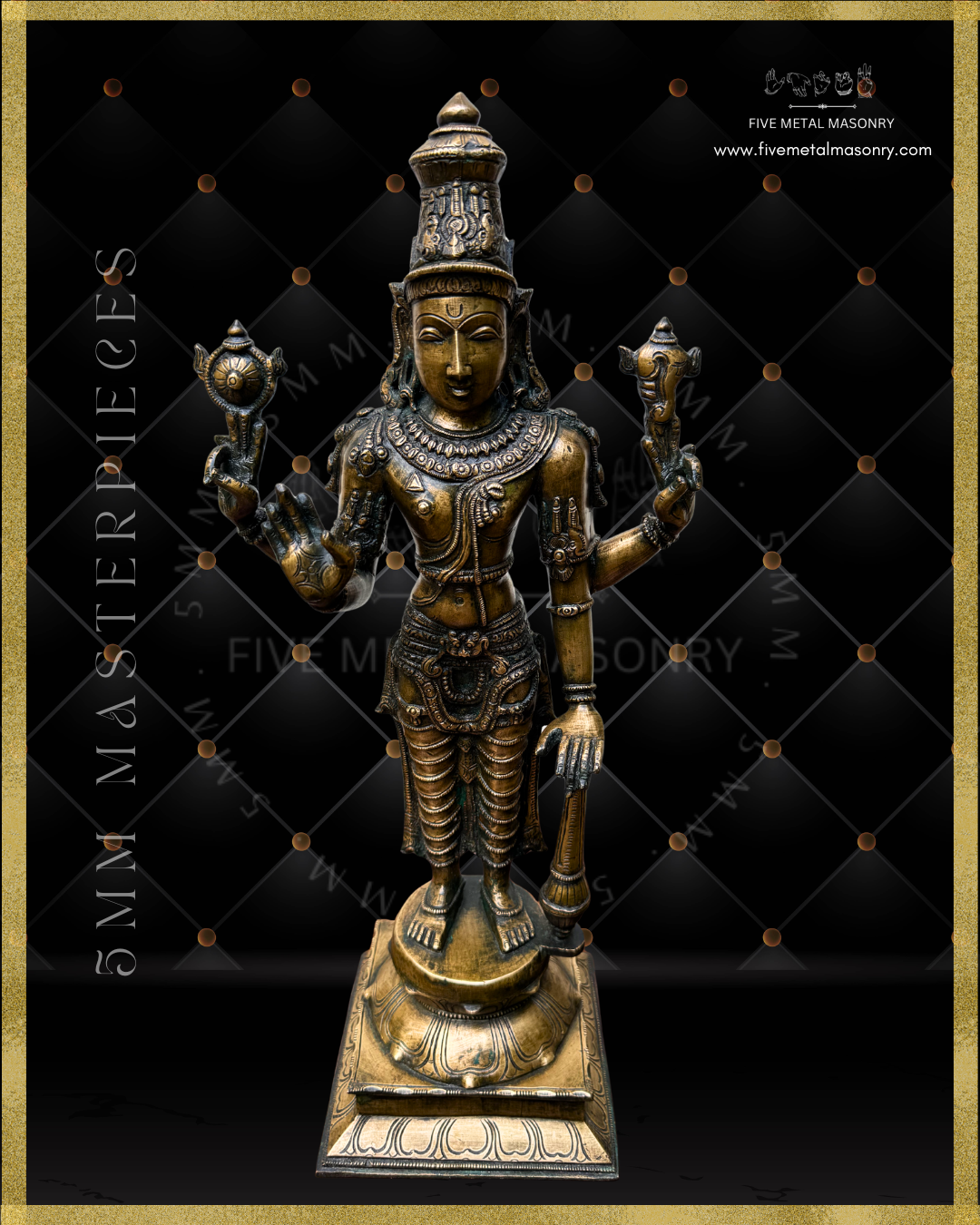 Top angle view of Handcrafted Vishnu Panchaloha bronze statue with four arms holding cakra and sankha, abhaya mudra and gada, crafted with detailed South Indian iconography in the silpa-sastra tradition.