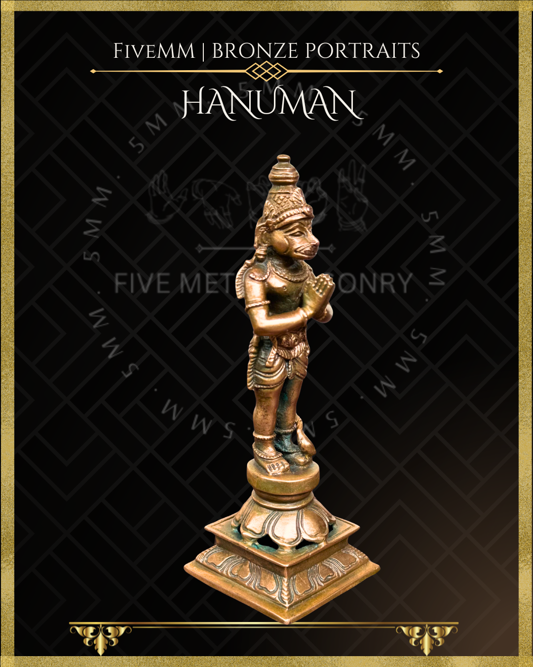 Hanuman -Standing  with Anjali mudra- Panchaloha Bronze statue – per Shilpa Sastra iconography, handcrafted by lost wax casting – Right facing view