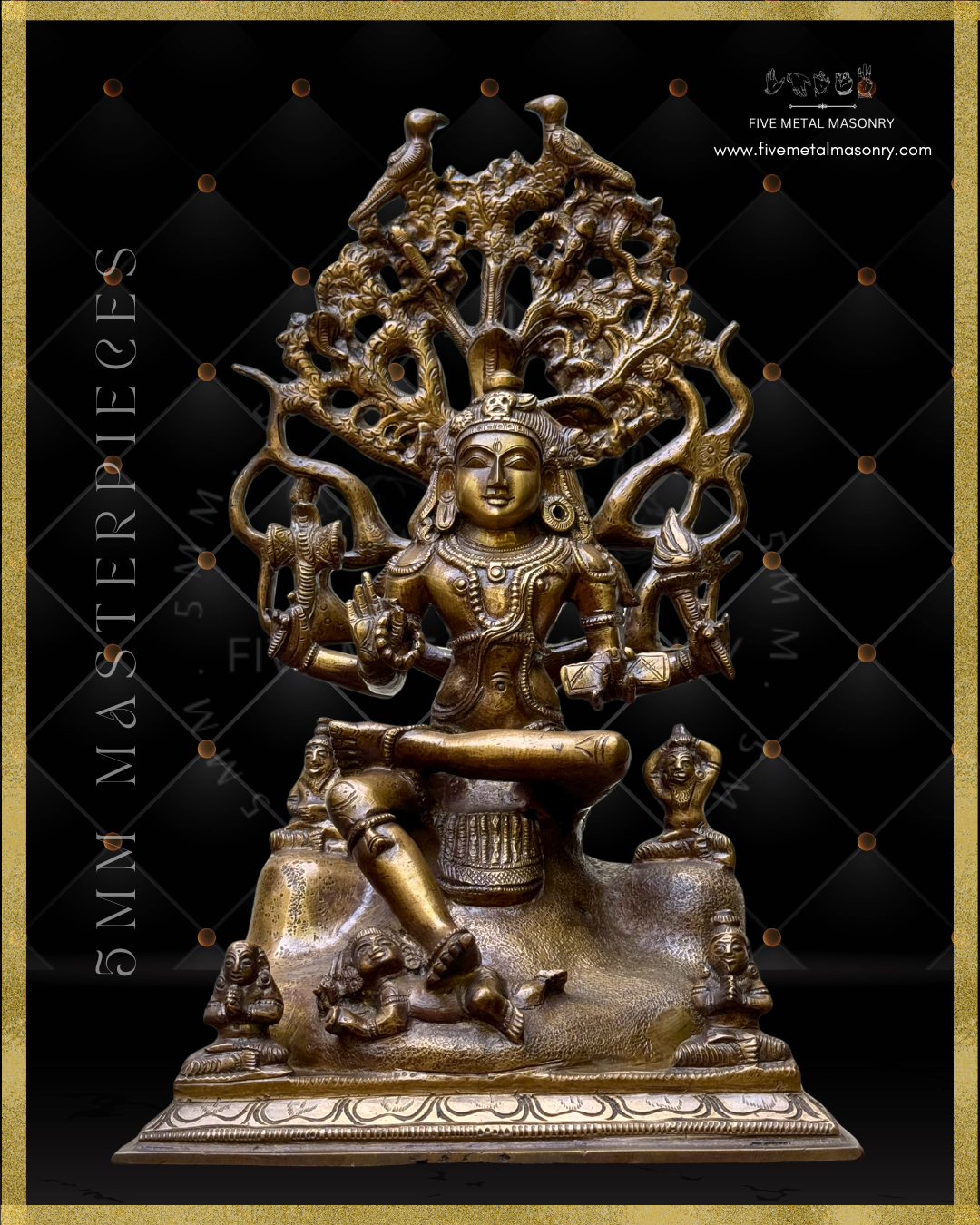 Projected view of Handcrafted Panchaloha bronze Dakshinamurti statue, crafted according to Shilpasastra principles, featuring traditional South Indian iconography of Shiva as the divine teacher seated beneath the banyan tree with sages and Apasmara.