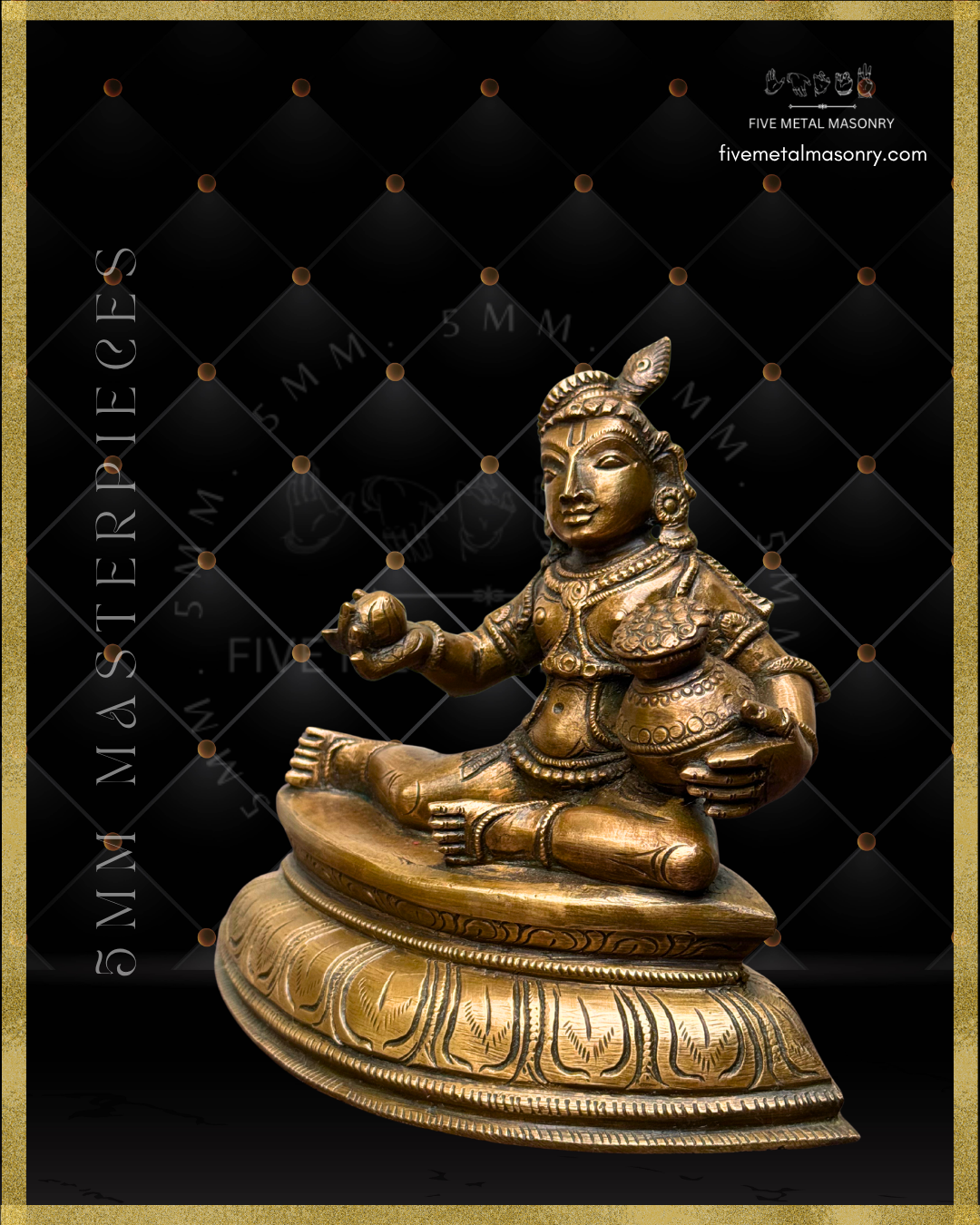 Left side view of handcrafted Panchaloha Bala Krishna bronze from the 5MM Masterpieces Collection, seated with one leg folded and the other extended, holding navanita butter and a butter pot, with urdhvapundra, peacock-feathered top knot, traditional ornaments and padma pitha, crafted according to Silpasastra iconography.