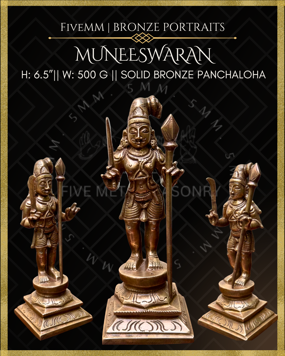 Muneeswaran Panchaloha Bronze statue – Shilpa Sastra iconography, handcrafted lost wax casting – All angles view