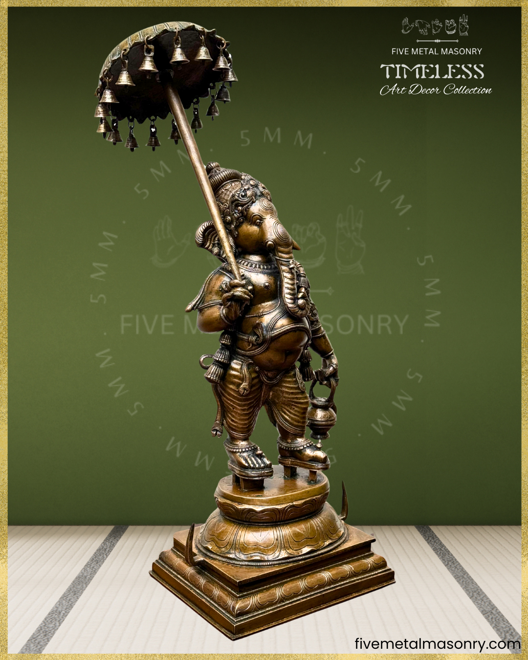 Right profile view of Panchaloha bronze Ganesha with ceremonial umbrella and kamandalu, standing in graceful yanaka posture, adorned with layered ornaments, karanda makuta and detailed South Indian sculptural craftsmanship from the Timeless collection.