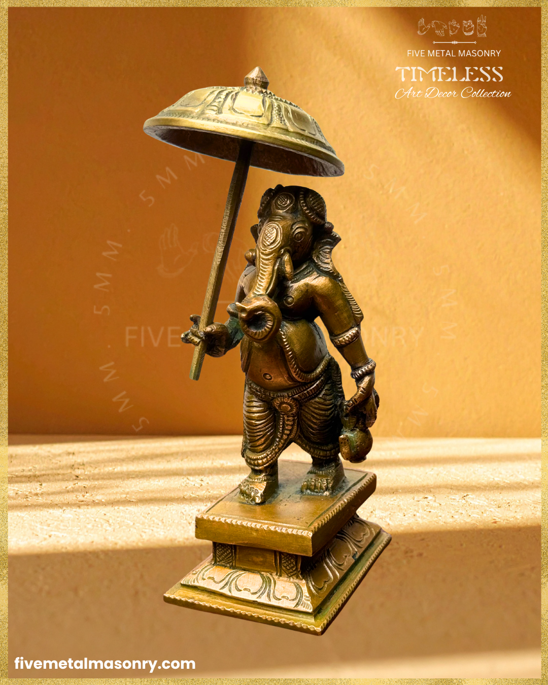 Side view of Handcrafted Panchaloha bronze Umbrella Ganesha (Mapillai Ganesha) in a walking posture, holding a ceremonial umbrella and water pot, from the Timeless collection, rooted in silpa-sastra tradition.