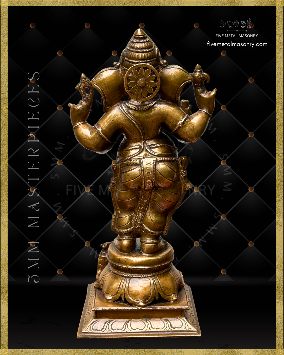 Rear view of handcrafted Panchaloha bronze standing Ganesha from the Masterpieces collection, showing the four-armed composition, tiered karanda makuta, siras-chakra, ornaments, draped lower garment and detailed lotus pedestal.