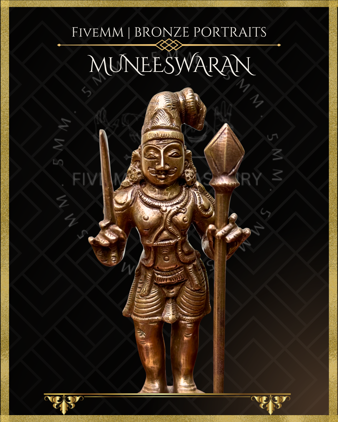 Muneeswaran Panchaloha Bronze statue – Shilpa Sastra iconography, handcrafted lost wax casting – Closeup view