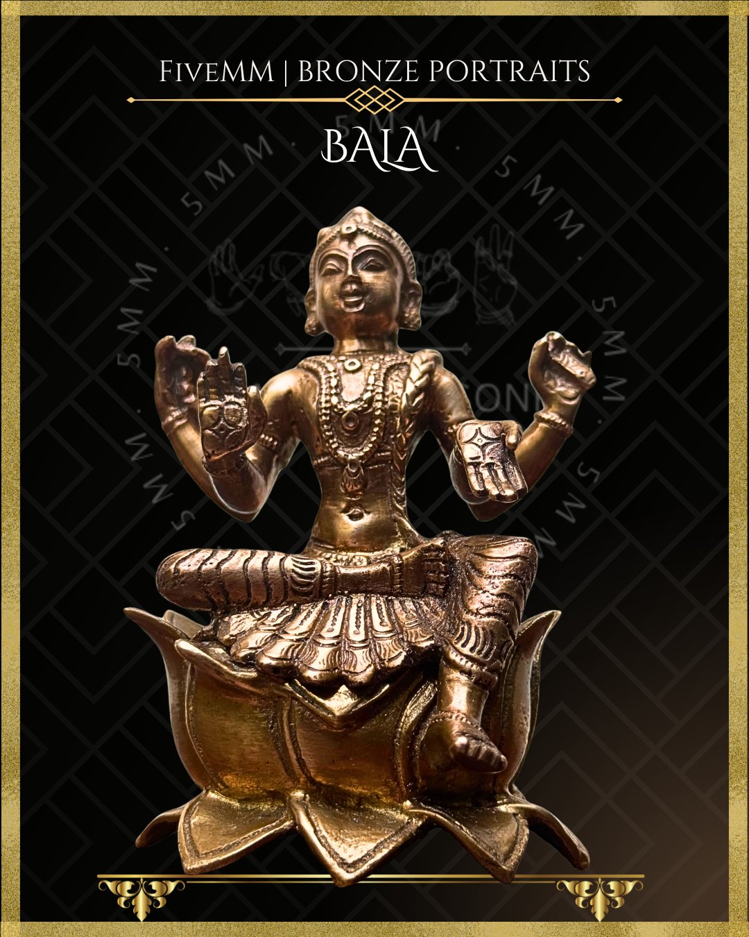 Low angle front view of handcrafted Panchaloha bronze of four-armed Balambika or Bala tripurasundari seated in lalitasana on a full-blown lotus pitha, holding akshamala and pustaka with abhaya and varada hastas, following silpa-sastra and traditional iconography.