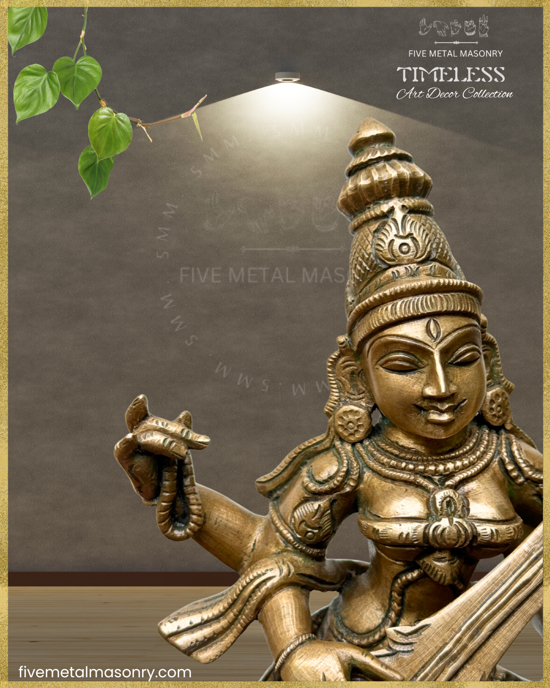 Nartana Saraswati Bronze Panchaloha statue - Timeless Collection – Shilpa Sastra iconography, handcrafted lost wax casting –  Face closeup view