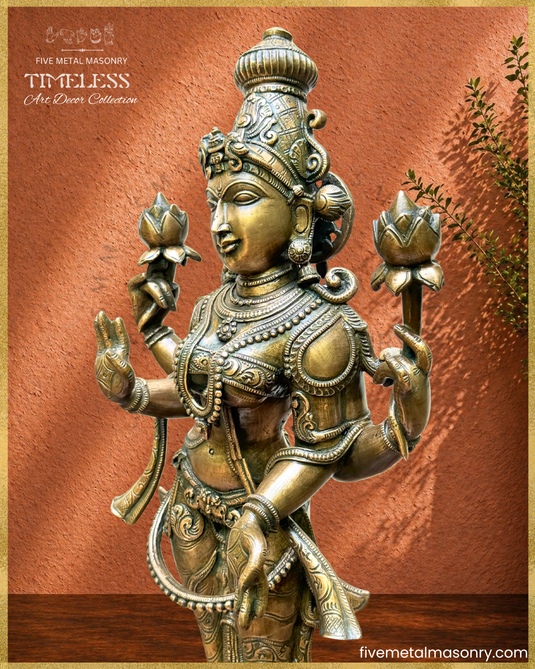 Close-up side view of Lakshmi panchaloha bronze showing intricate iconographic detailing