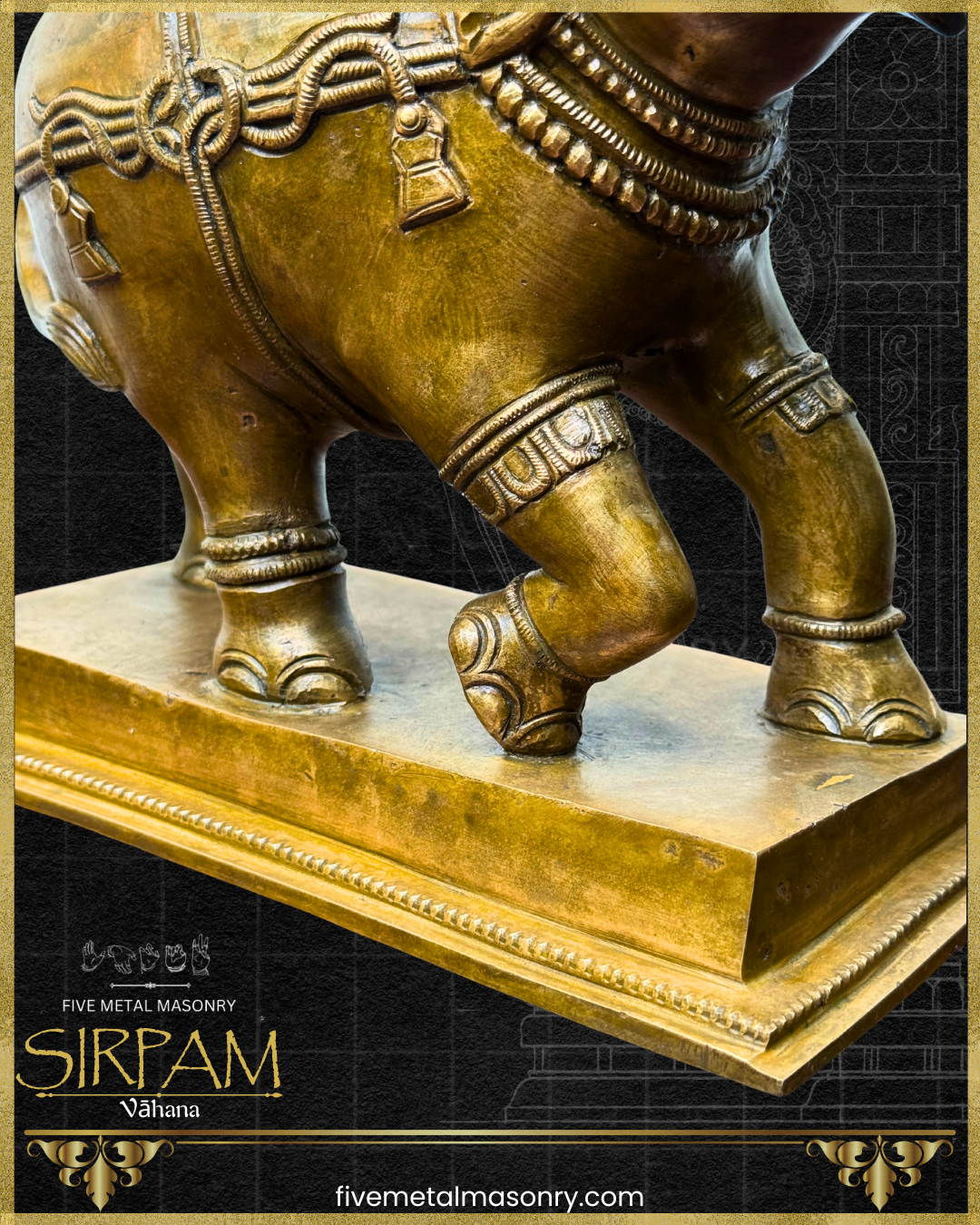 Bronze elephant statue with intricate details on a black background, featuring the brand 'SIRPAM'.