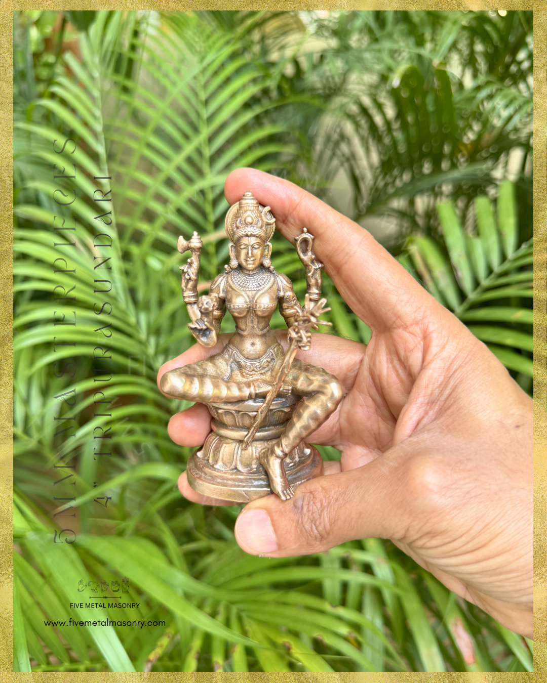 Handheld panchaloha bronze seated Lalitha Tripurasundari icon from the Masterpieces collection, four armed, holding sugarcane bow, flower arrows, noose and goad, featuring kirita makuta, siraschakra, layered ornamentation and lotus pedestal in South Indian iconographic style.