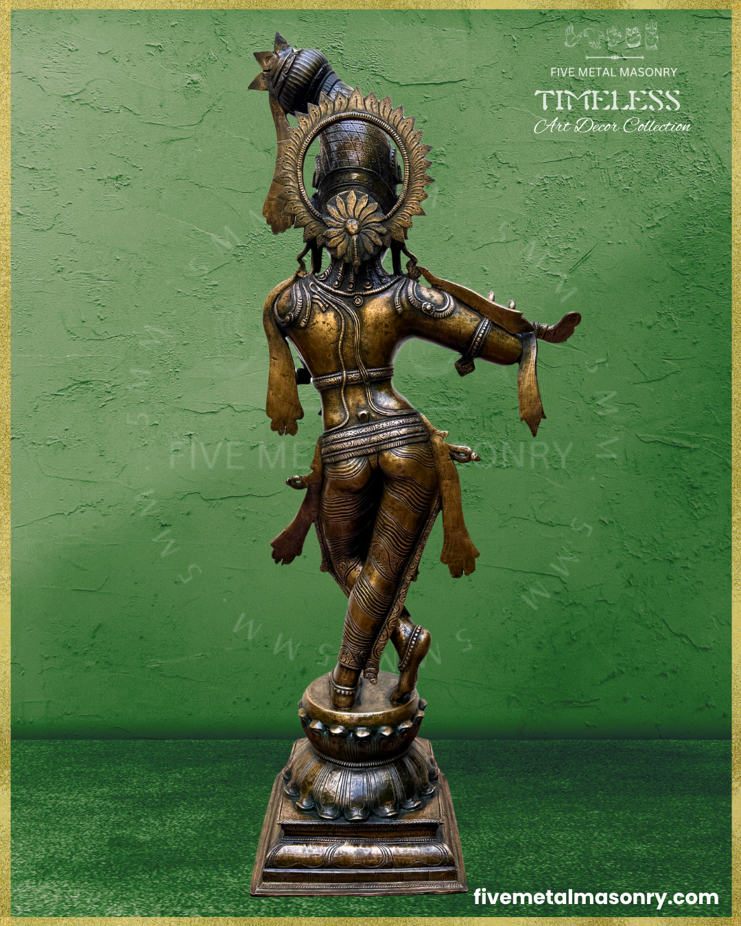 Rear view of handcrafted Panchaloha bronze Venugopala Krishna from Five Metal Masonry’s Timeless Collection, standing in svastikasana and playing the venu, showing the ornate siras-chakra, elongated kesa-bandha with peacock feathers and tassels, detailed garments and Silpasastra-inspired iconography.