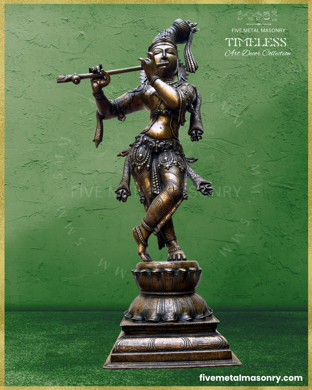 Bottom up projected view of Handcrafted Panchaloha bronze Venugopala Krishna from Five Metal Masonry’s Timeless Collection, standing in svastikasana and playing the venu, with an elongated kesa-bandha decorated with floral motifs, peacock feathers and tassels, detailed ornaments and Silpasastra-inspired iconography.
