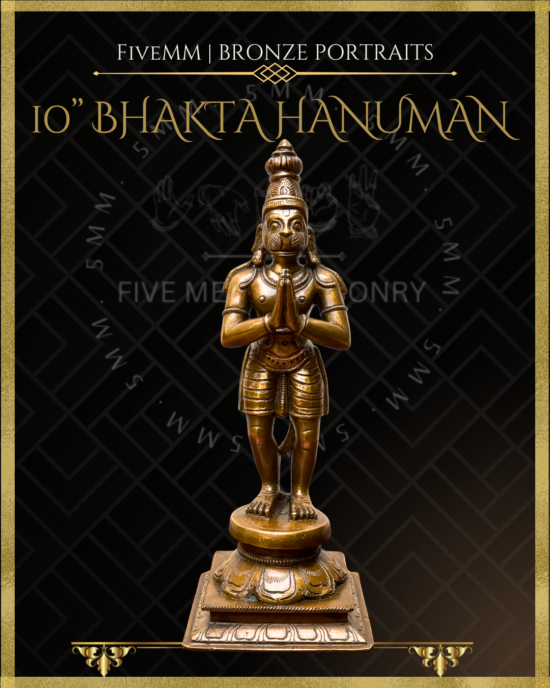 Handcrafted Bhakta Hanuman Panchaloha bronze statue in anjali hasta with slightly bent knees, detailed in traditional South Indian silpa-sastra iconography.