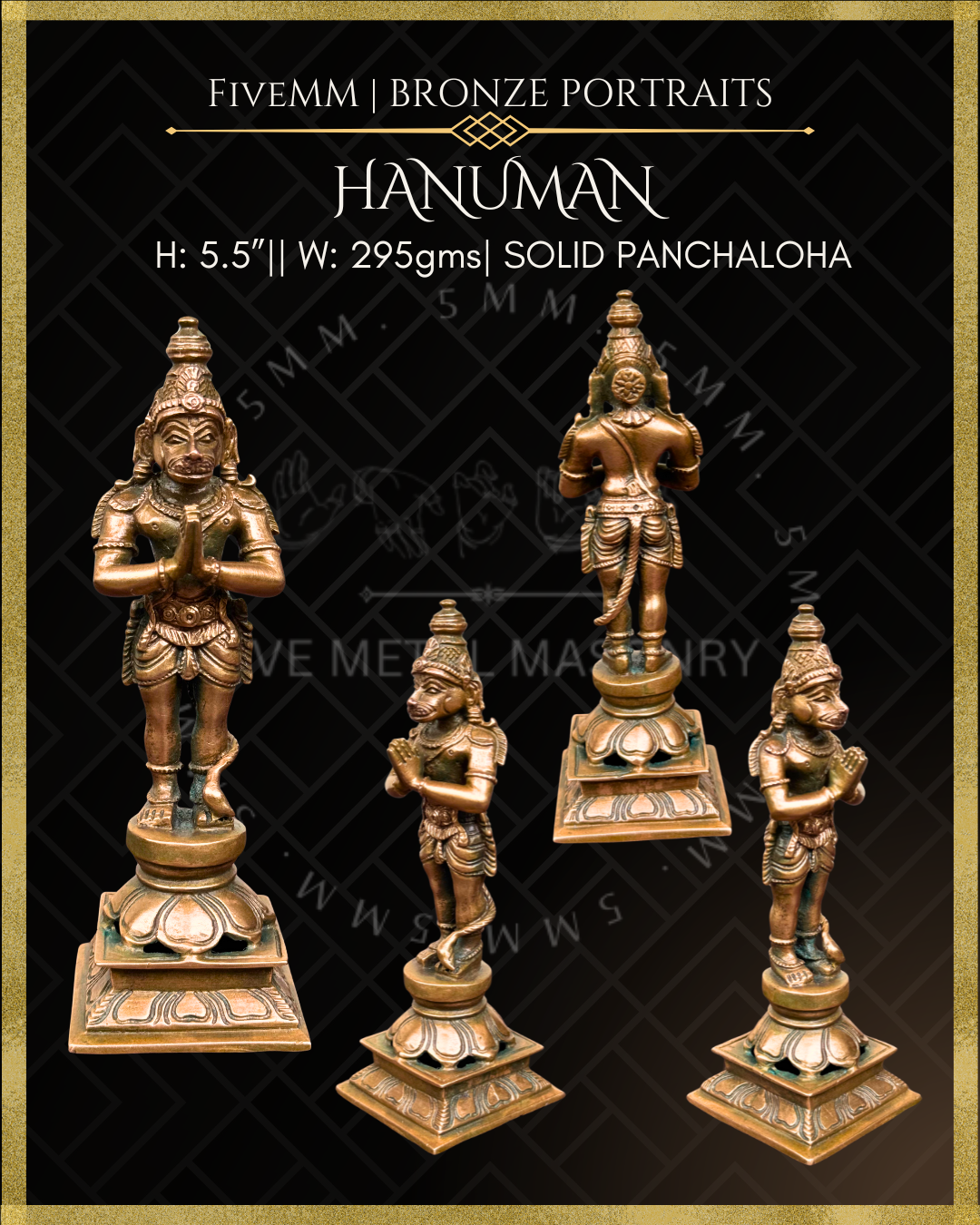Hanuman -Standing  with Anjali mudra- Panchaloha Bronze statue – per Shilpa Sastra iconography, handcrafted by lost wax casting – All angles view
