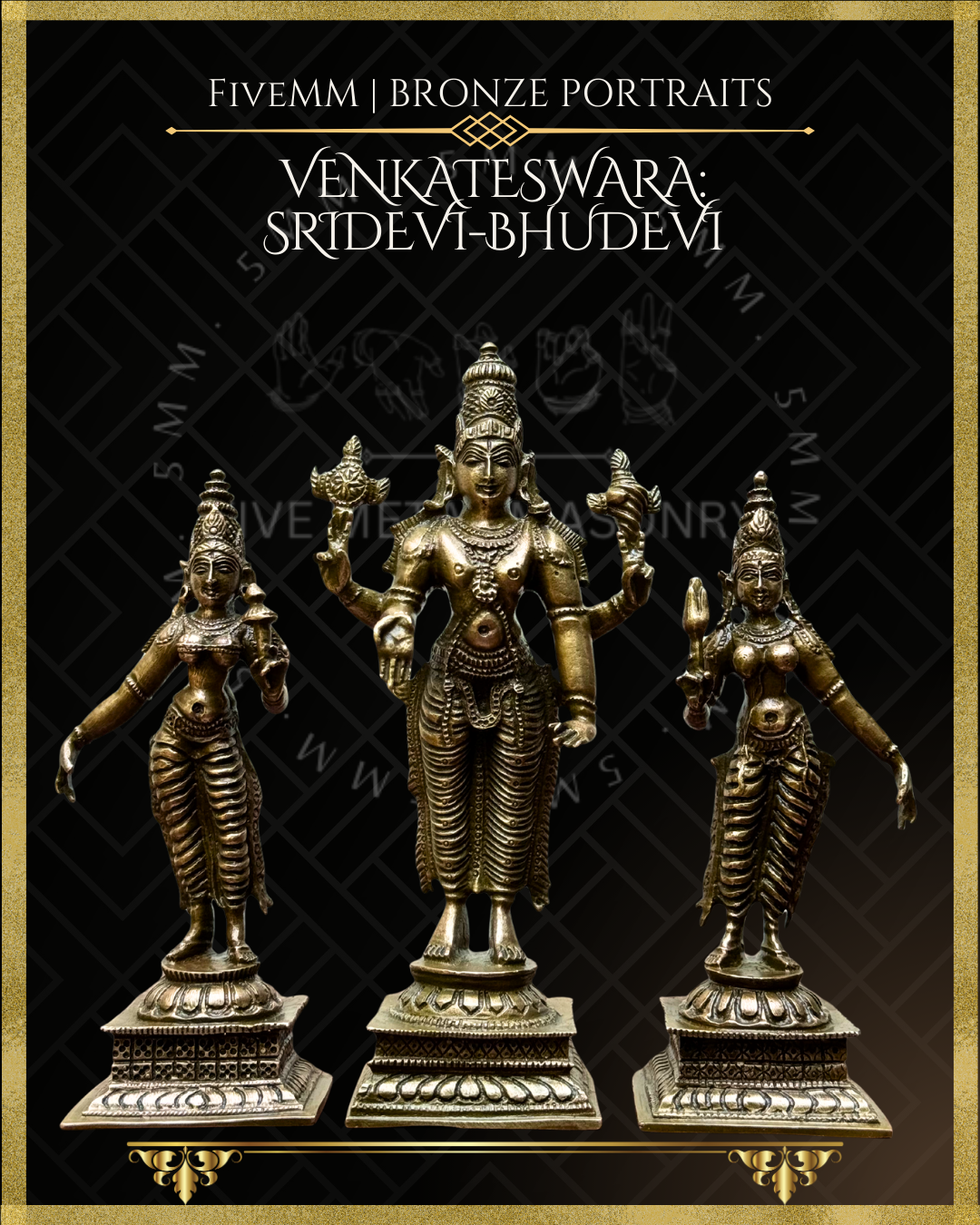 Bronze statues of Venkateswara, Sridevi, and Bhudevi on a black background