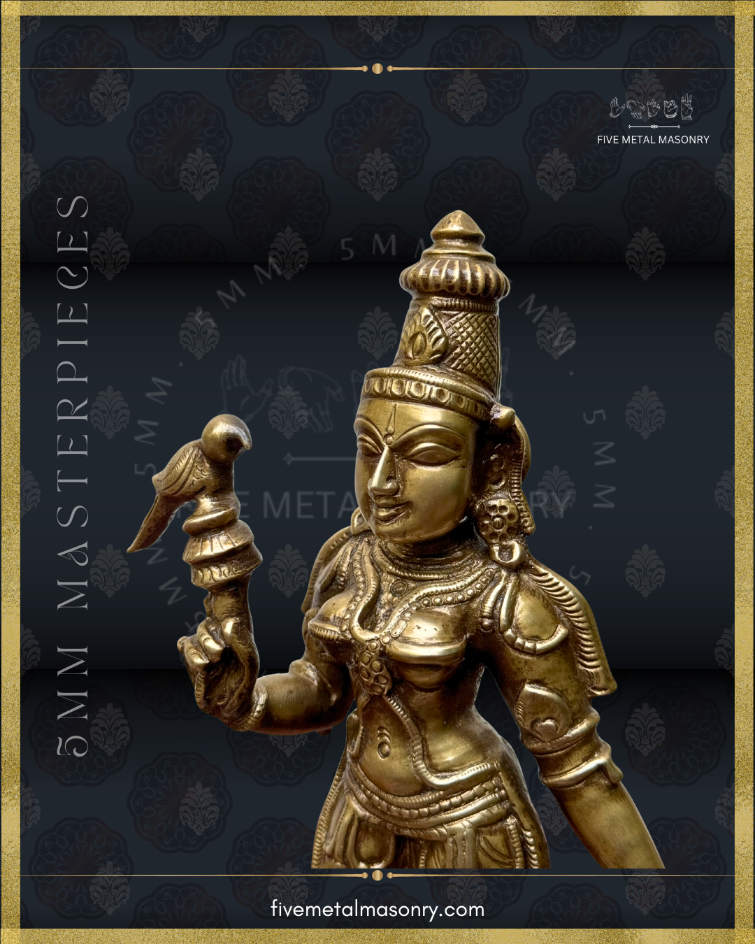 Bronze statue of Meenakshi with intricate details on a dark background with '5MM Masterpieces' branding.