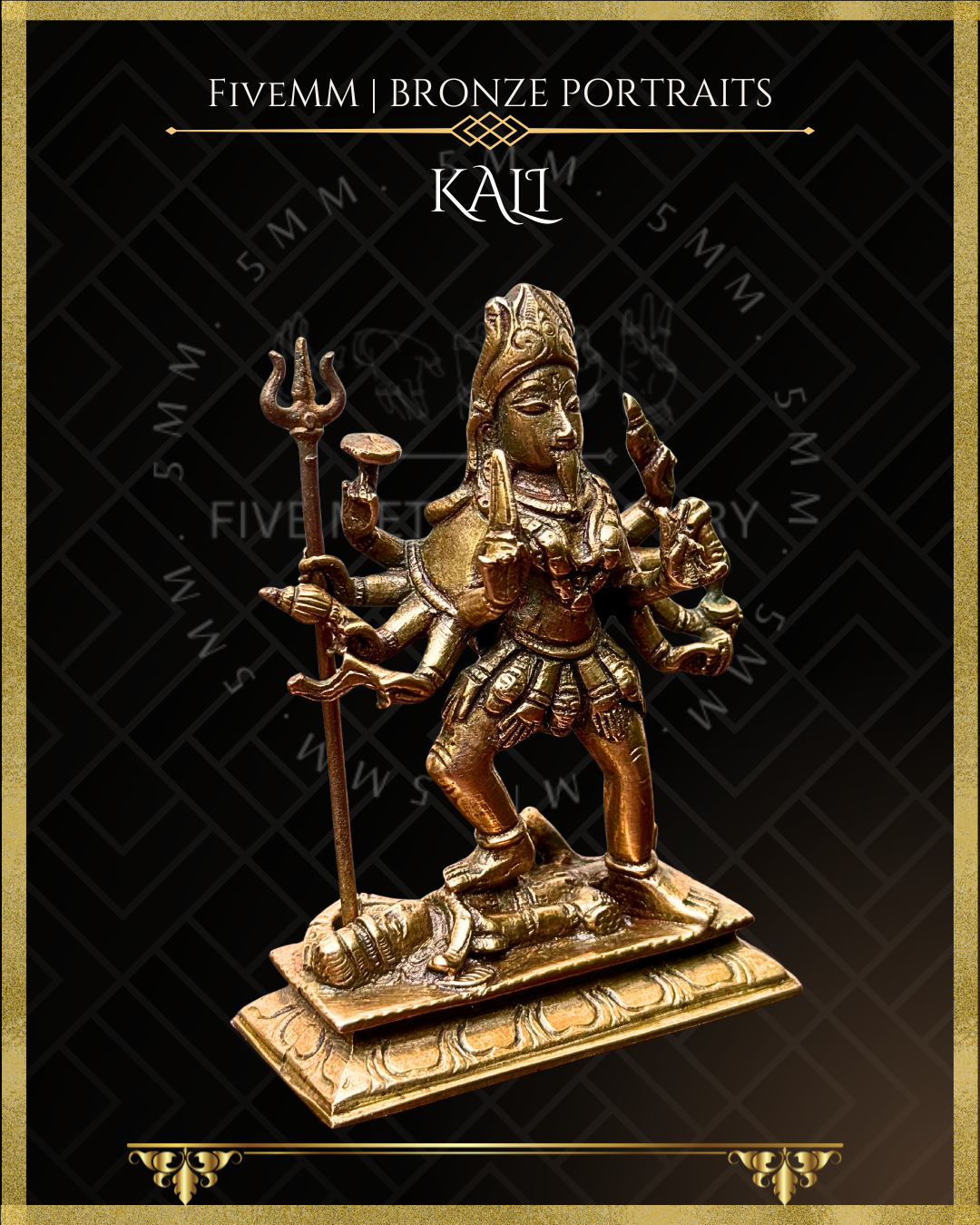 Right profile view of Handcrafted Kali Panchaloha bronze statue in pratyalidha stance over prostrate Shiva, with ten arms holding traditional ayudhas, fierce expression, extended tongue, mundamala and detailed ornamentation, crafted in the silpa-sastra and traditional iconographic tradition.