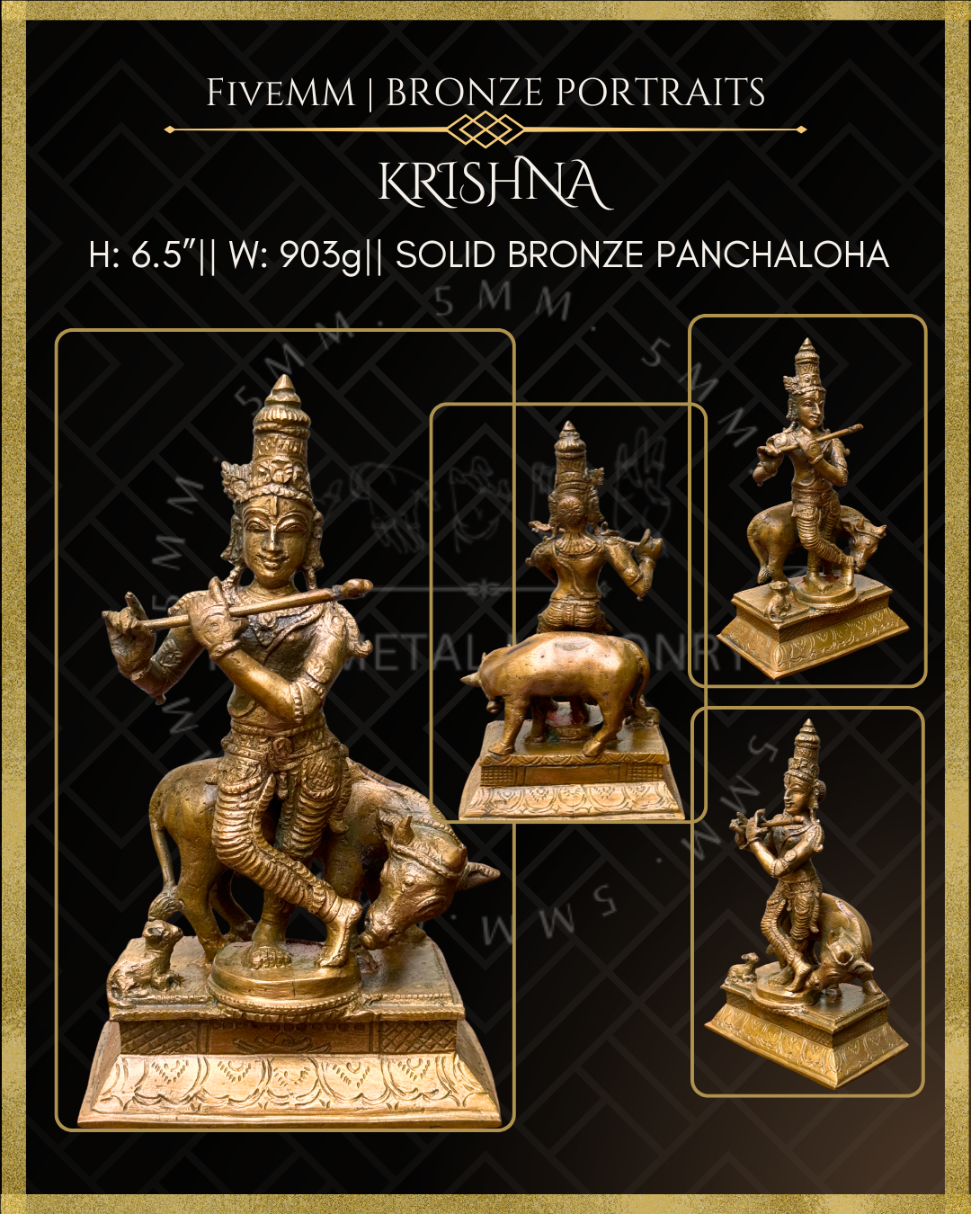 krishna with cow Panchaloha Bronze statue – Shilpa Sastra iconography, handcrafted lost wax casting – All angles view