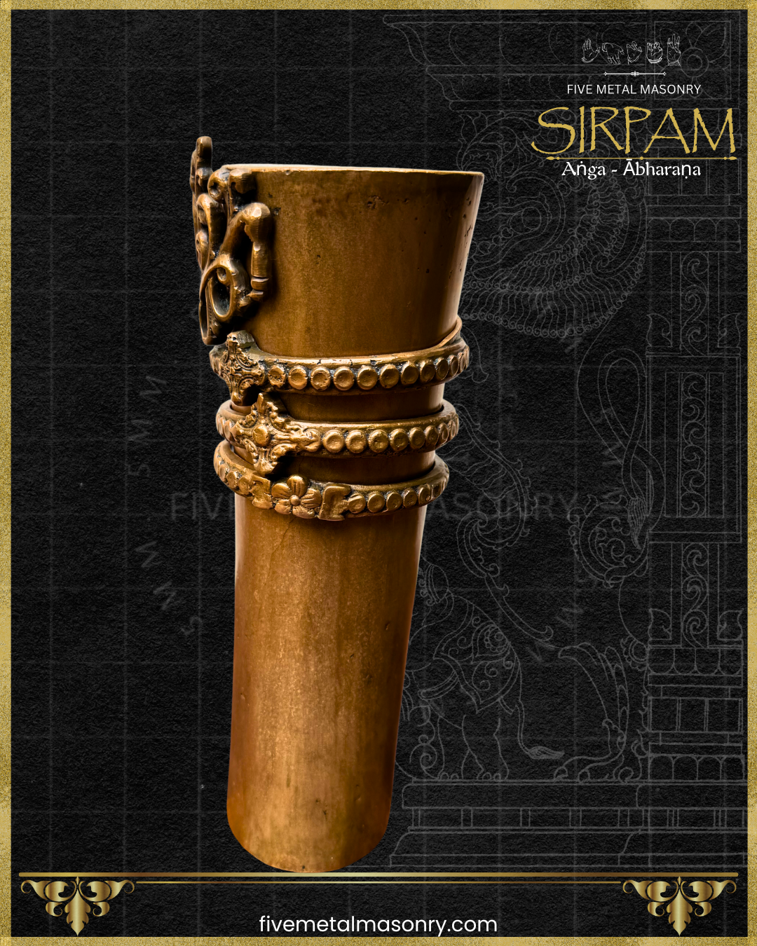 Side view of Handcrafted panchaloha bronze sculpture of the Bahu (arm) with ornate Angada armlet and Bahu Valaya arm bangles from the Sirpam Anga Abharana collection by Five Metal Masonry.