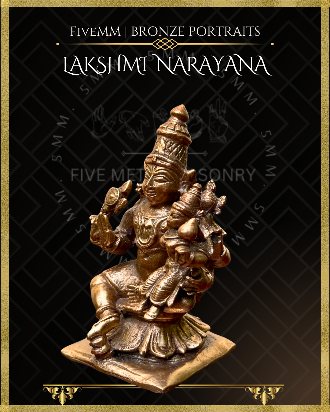 Left profile view of Handcrafted Lakshmi Narayana Panchaloha bronze statue with silpa-sastra aligned iconographic detailing, chakra and sankha, lower right hand in abhaya, and Lakshmi seated on Narayana’s left thigh and his lower left hand holding Lakshmi