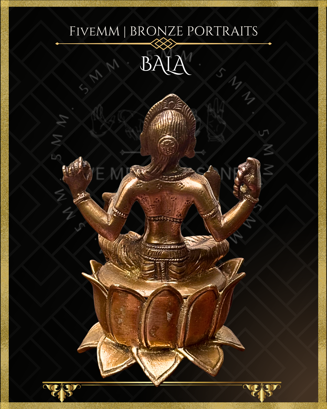 Rear view of finely ornamented handcrafted Panchaloha bronze of Bala Devi, showing the long ekaveni, siraschakra, four arms, rear garment detailing and full-blown lotus pitha, following silpa-sastra and traditional iconography.