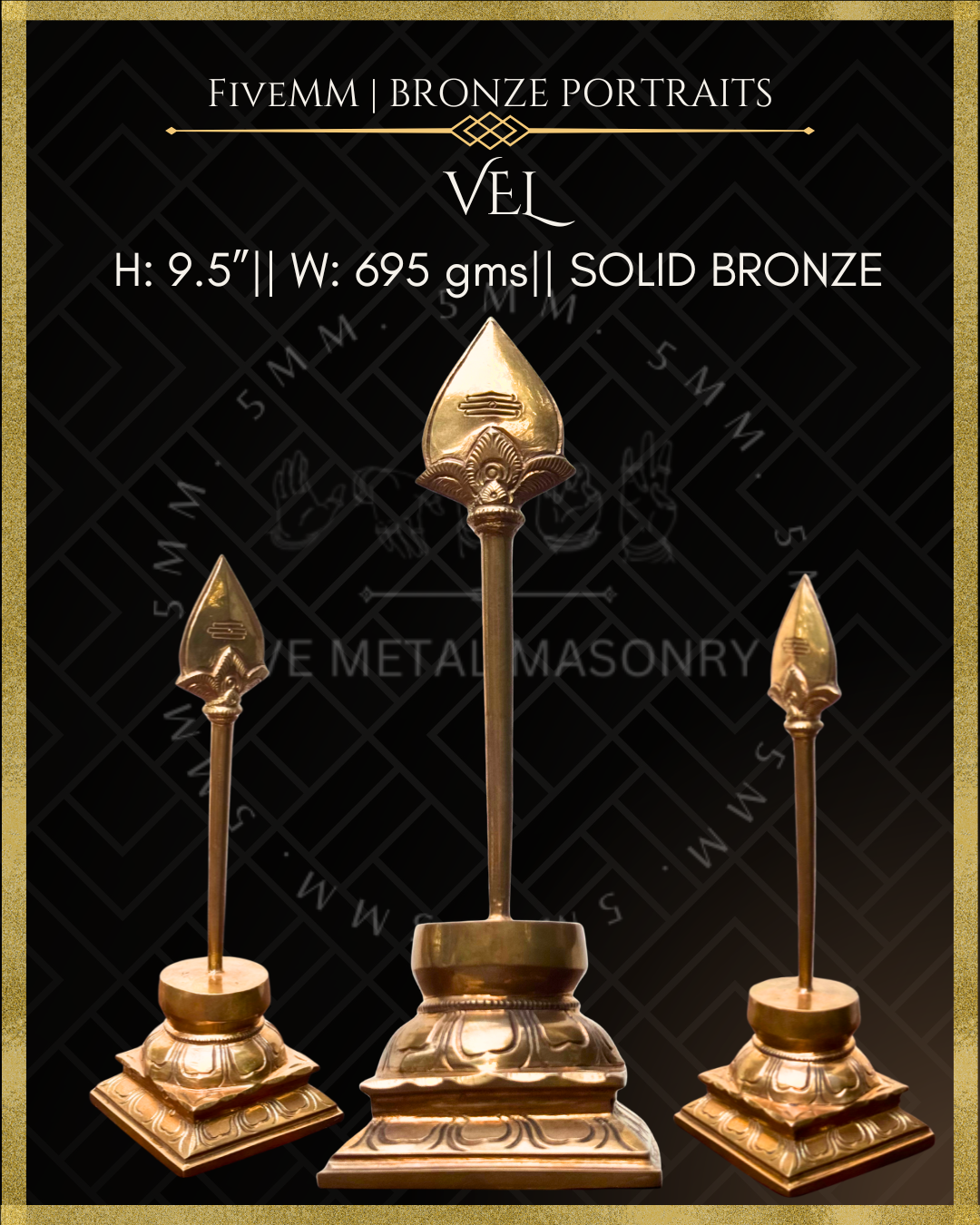 Vel Panchaloha Bronze – per Shilpa Sastra iconography, handcrafted by lost wax casting – Dimensions