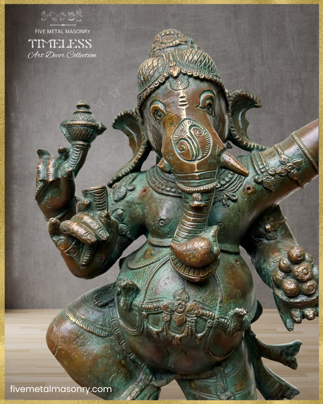 Close-up of a handcrafted Panchaloha bronze Nṛtta Gaṇeśa from the TIMELESS Collection. The image highlights the elephant-headed deity’s karaṇḍa-makuṭa, dancing posture, danta, modaka, and traditional ornamentation, finished in an antique patina.