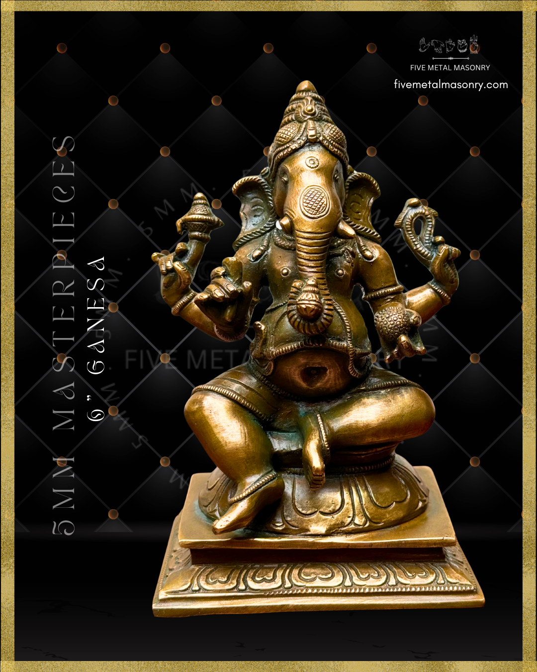 Handcrafted Panchaloha bronze Ganesha from the Masterpieces Collection, silpa-sastra aligned and rooted in the South Indian iconographic tradition, seated on a lotus pedestal with four arms holding ankusa, pasa, danta and modaka, with karanda makuta, naga udarabandha and detailed ornaments.