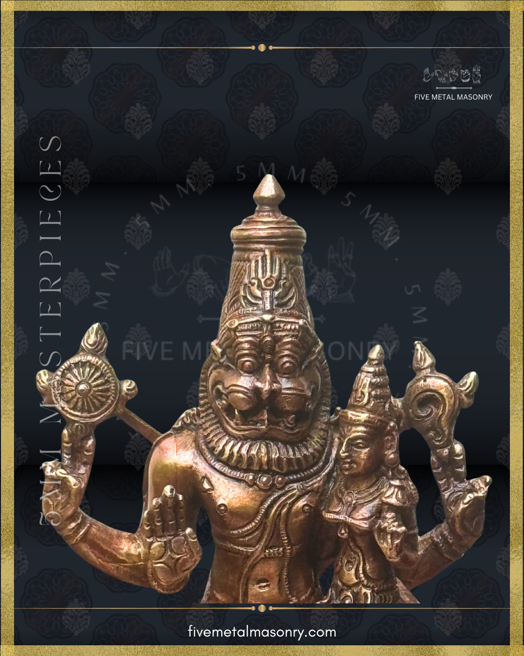 Close-up view of handcrafted Lakshmi Narasimha Panchaloha bronze from the Masterpieces Collection, highlighting silpa-sastra based South Indian iconographic tradition, with Narasimha’s leonine face, kirita makuta, cakra, sankha, abhaya hasta and Lakshmi seated closely beside him.