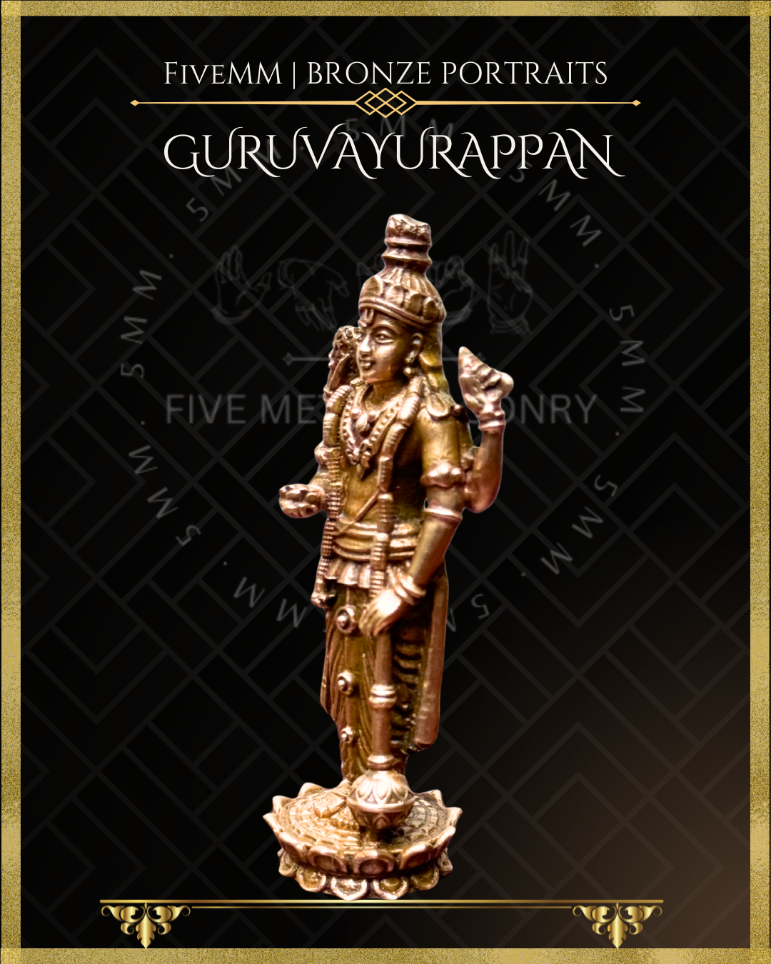 Bronze statue of Guruvayurappan with 'FiveMM' branding on a black background