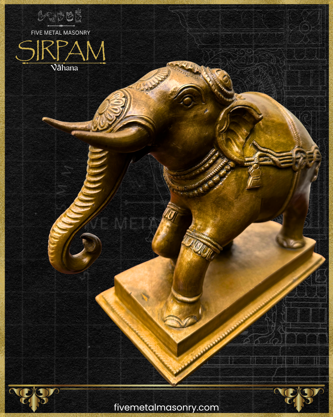 Decorative bronze elephant statue on a dark background with 'Five Metal Masonry' branding.