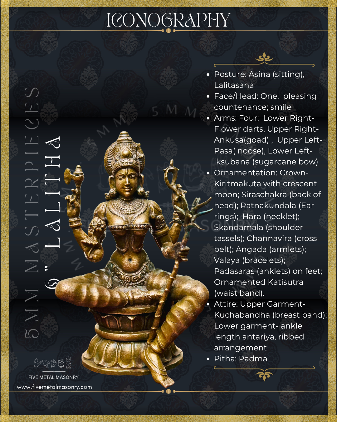 Lalitha-Tripurasundari Panchaloha Bronze statue -  Masterpieces Collection - Iconography per Shilpa Sastra, handcrafted lost wax casting – Iconographic description