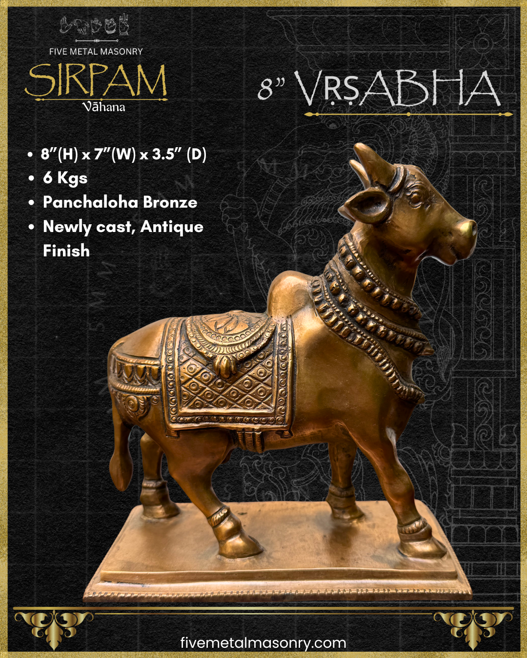 Product dimensions of Handcrafted panchaloha bronze Vrsabha (Nandi) statue from the Sirpam Collection, standing on a pedestal with an ornate decorative saddle cloth, layered neck ornaments, and finely modelled features in the South Indian iconographic tradition.