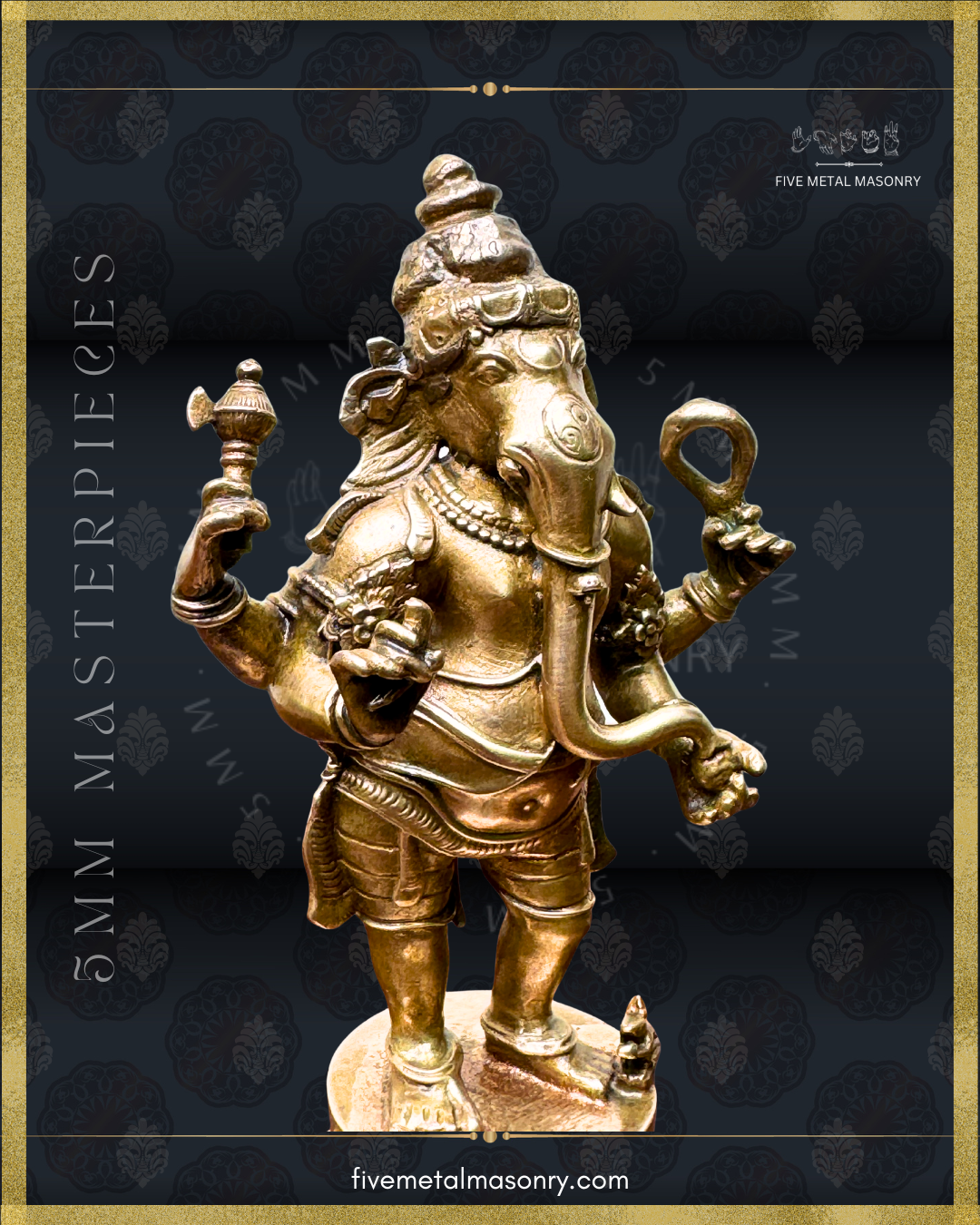 Closeup right profile view of standing Ganesha panchaloha bronze icon holding goad and noose, with elongated trunk, karanda makuta, lotus pedestal and mouse vahana from the Masterpieces collection.
