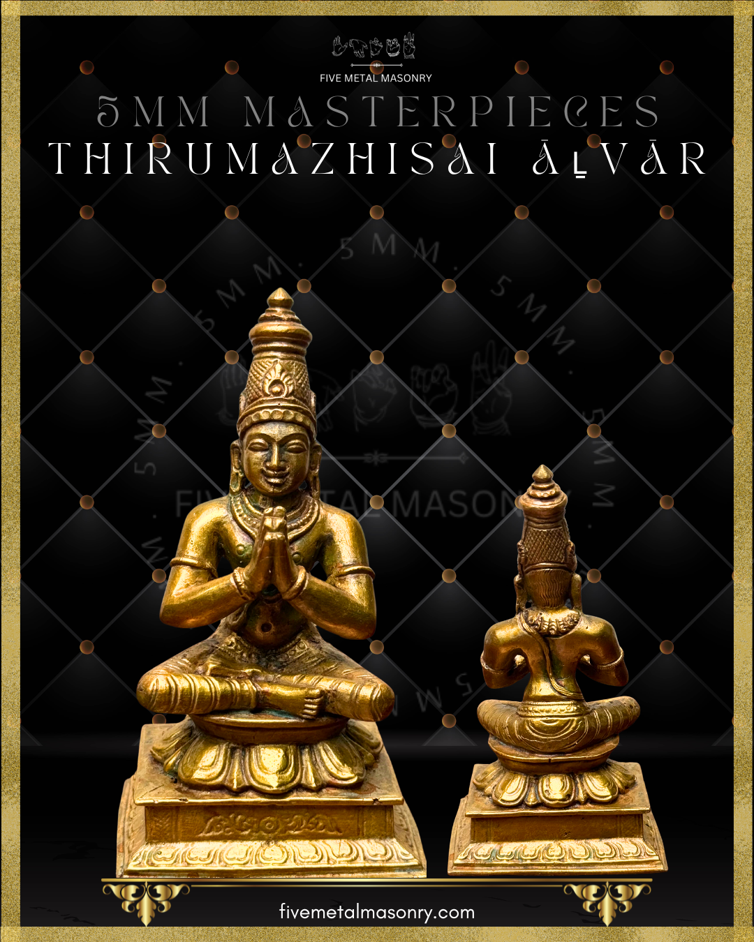 Front and rear view of ThirumazhisaiAlvar panchaloha bronze icon from the 12 Alvars Masterpieces collection, showing devotional posture, ornamentation, and pedestal detailing.