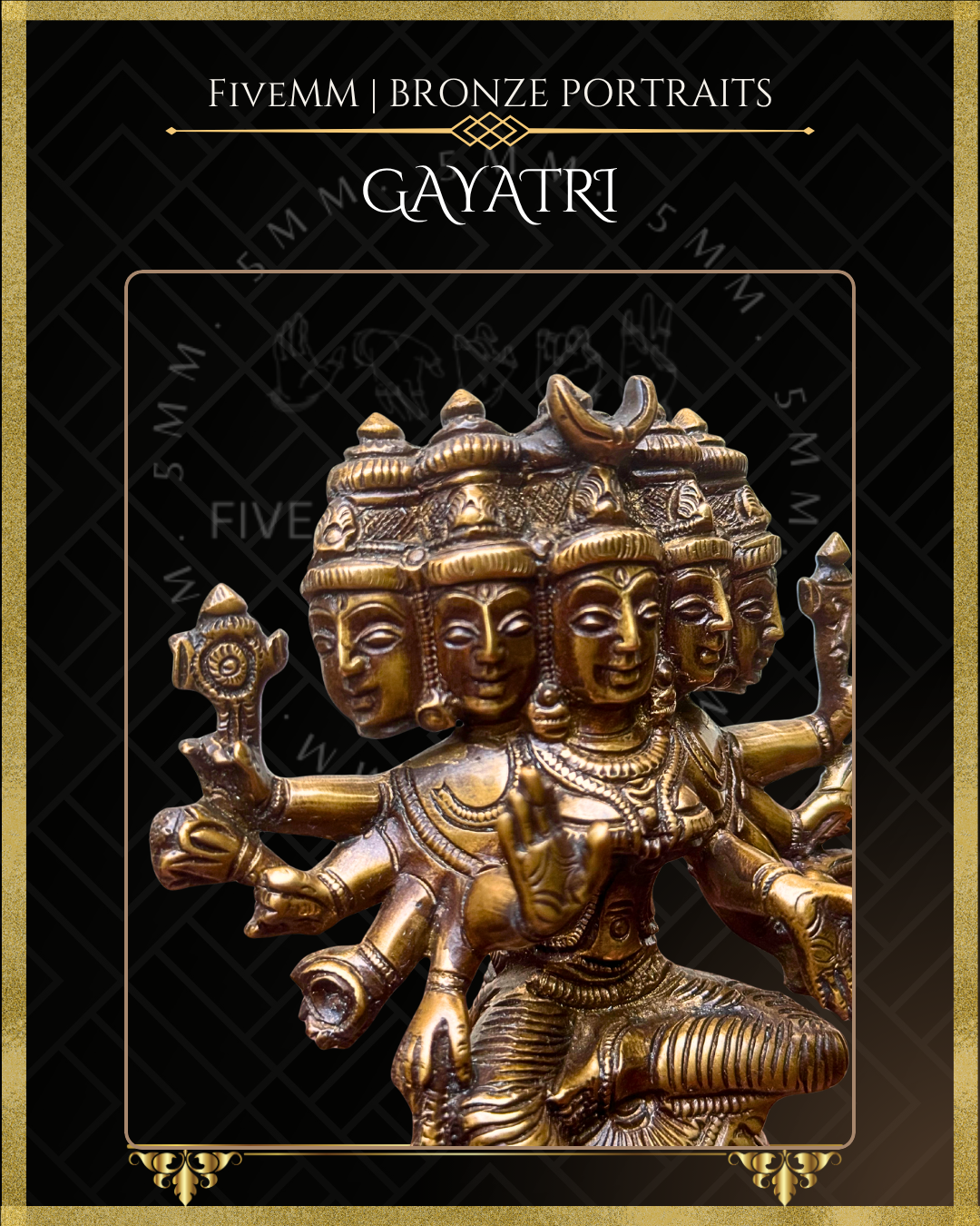 Right close-up view of Handcrafted Panchaloha bronze of five-headed, ten-armed Gayatri Devi seated in lalitasana on a padma pitha, holding multiple ayudhas and attributes, following silpa-sastra and traditional iconographic tradition.