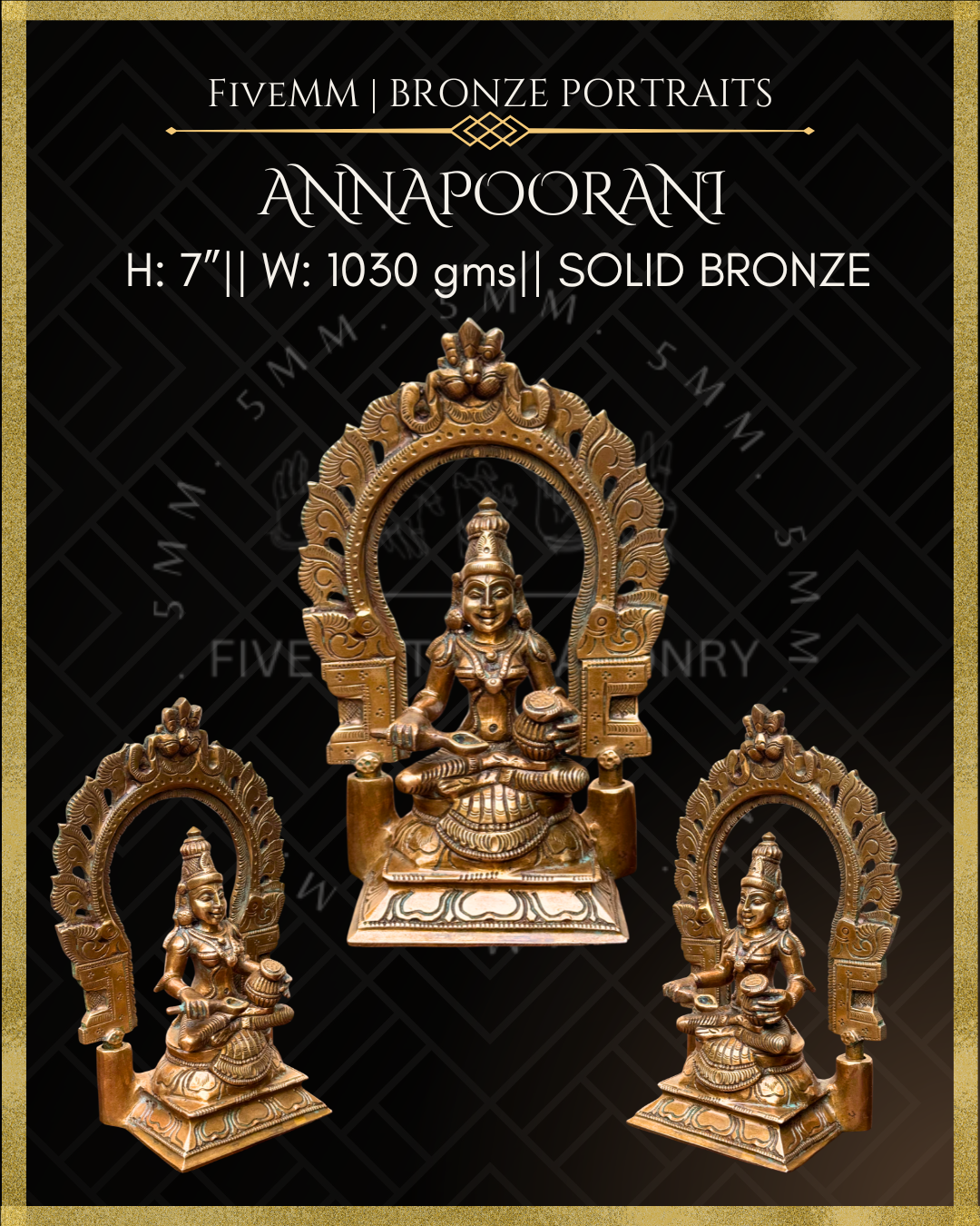 Annapoorani/Annapurna Panchaloha Bronze statue – per Shilpa Sastra iconography, handcrafted by lost wax casting – Dimensions