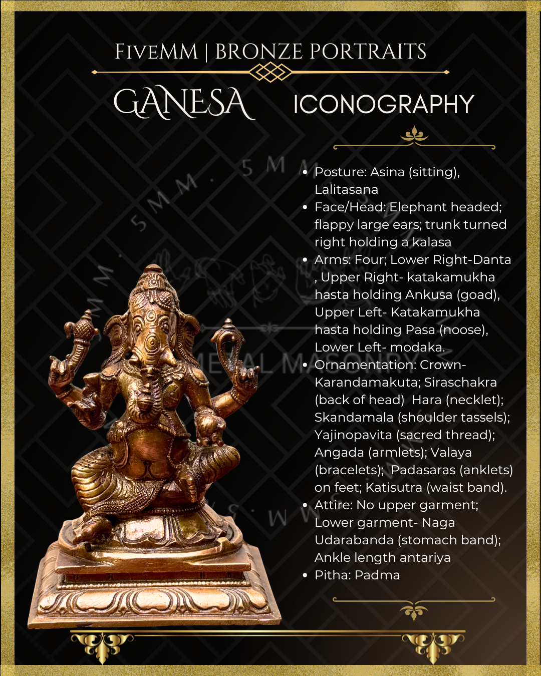 Iconographic description of Handcrafted Ganesha in Panchaloha bronze, silpa-sastra aligned and rooted in the South Indian iconographic tradition. 