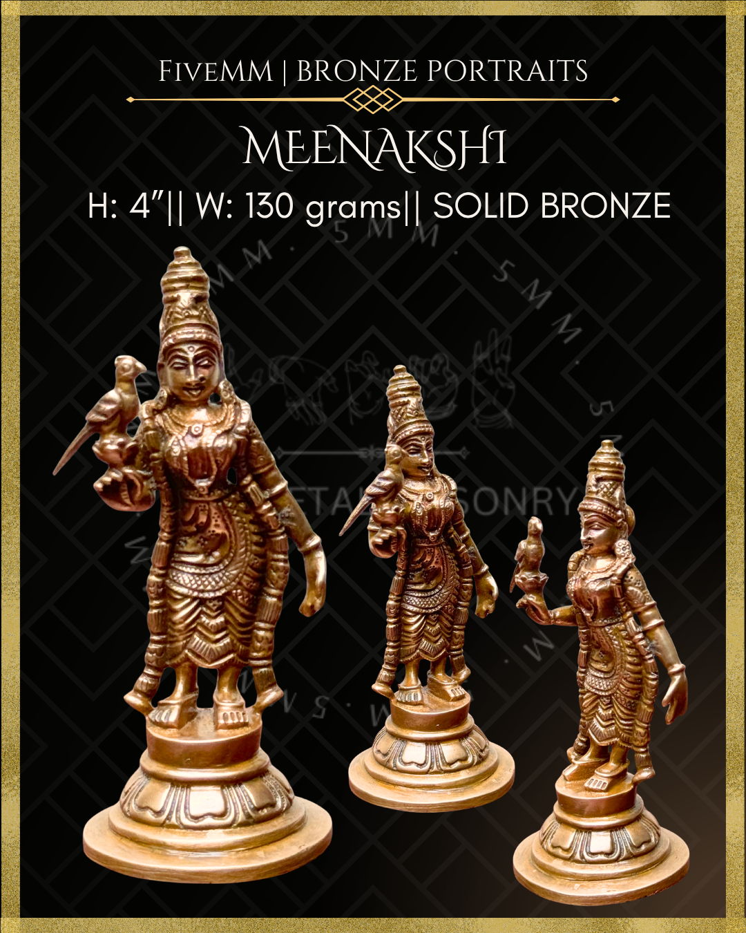 Bronze statues of Meenakshi with product details on a black background