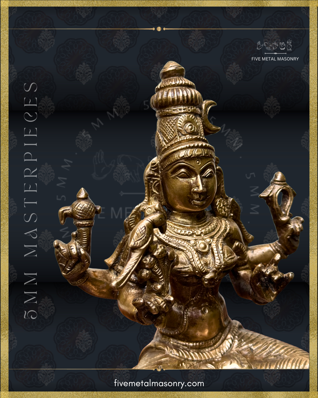 Angled close-up of Panchaloha bronze Kamakshi icon showing four-armed form, karanda makuta with crescent motif, ornate jewelry, facial detailing and iconographic attributes from the Masterpieces collection by Five Metal Masonry.