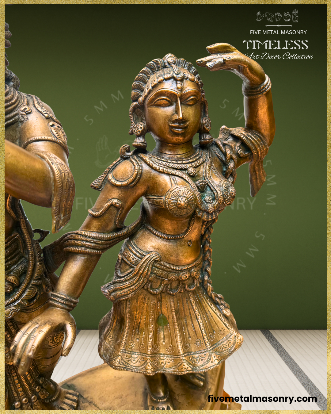 Close-up view of Radha in the handcrafted Panchaloha bronze Radha Krishna sculpture from the Timeless Collection, highlighting her coiffure, facial features, kundalas, layered necklaces, chest ornaments, armlets and draped upper garment, with one arm raised above her head.