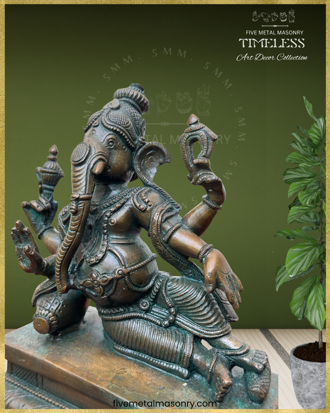 Ganesha reclining Panchaloha Bronze statue – Timeless Collection - Iconography per Shilpa Sastra, Handcrafted lost wax casting – closeup left view
