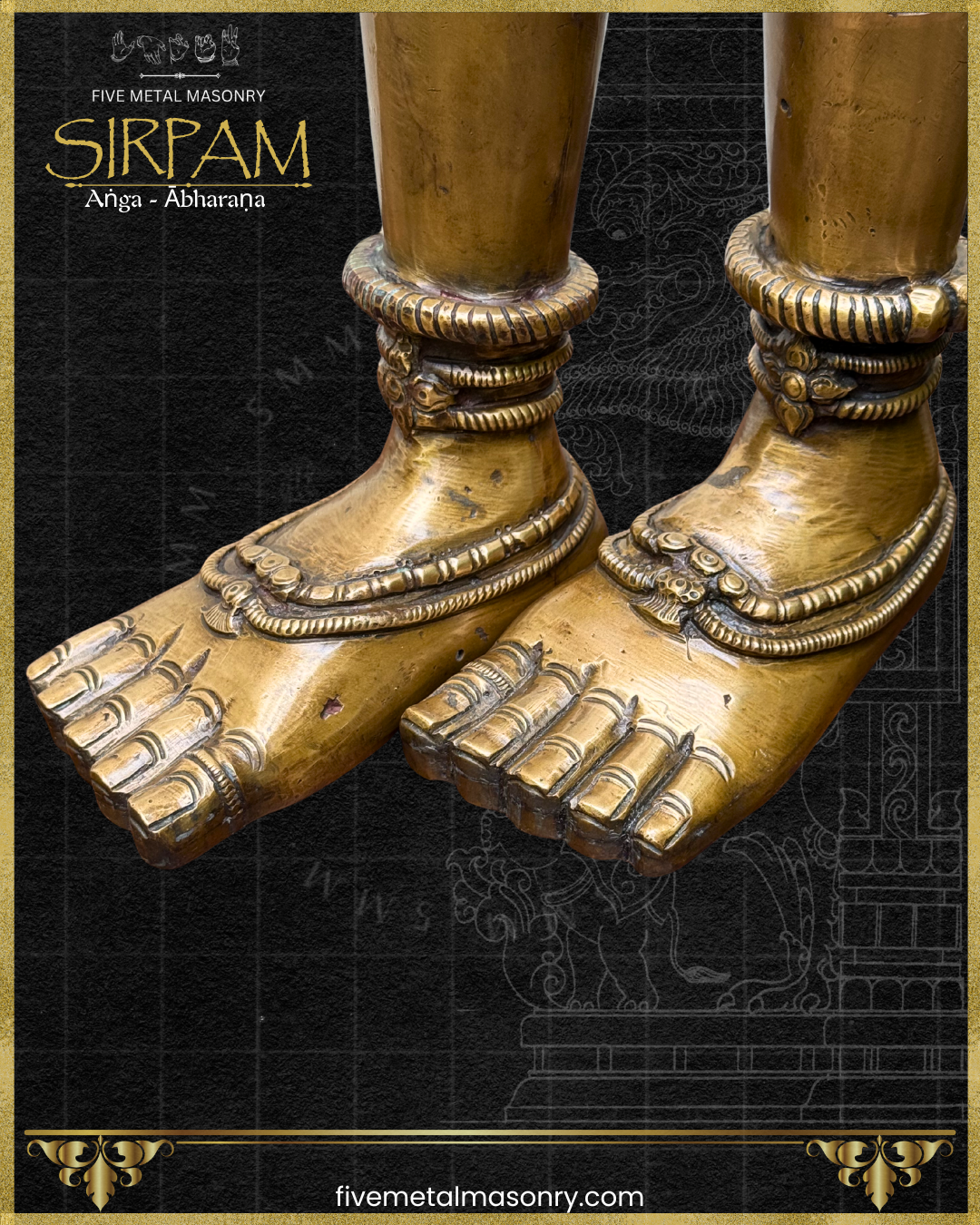 Bronze feet with intricate designs on a dark background, featuring the brand 'Five Metal Masonry'.
