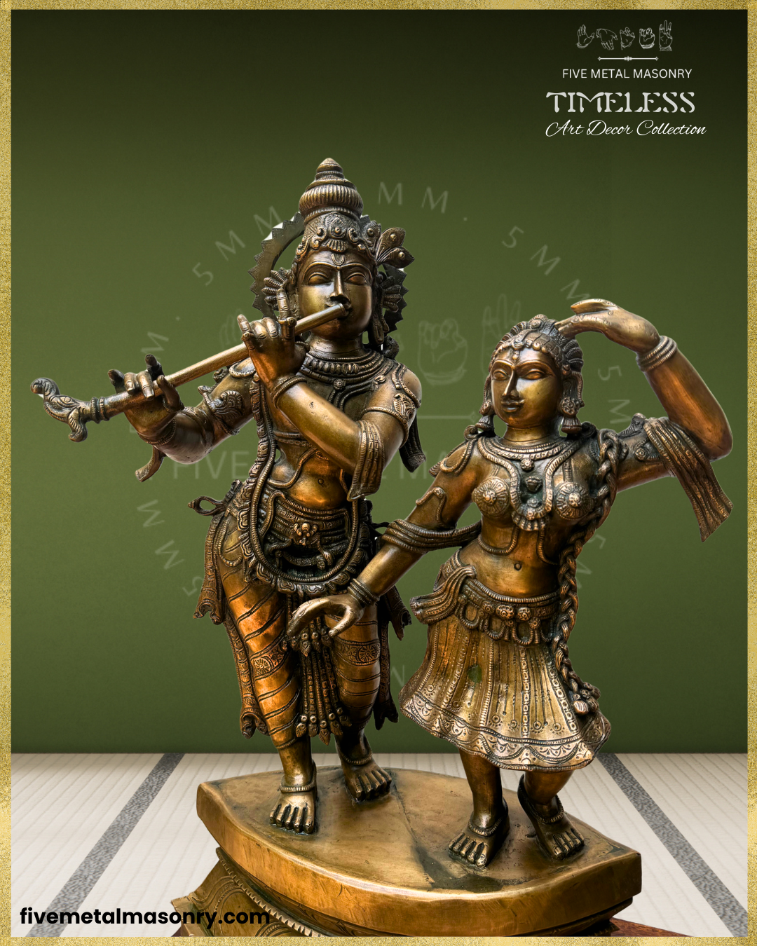 Handcrafted Panchaloha bronze Radha Krishna sculpture from the Timeless Collection, close view of Krishna as flute-playing Venugopala beside Radha, highlighting their expressive postures, detailed coiffure, jewellery, garments and sculptural ornamentation.