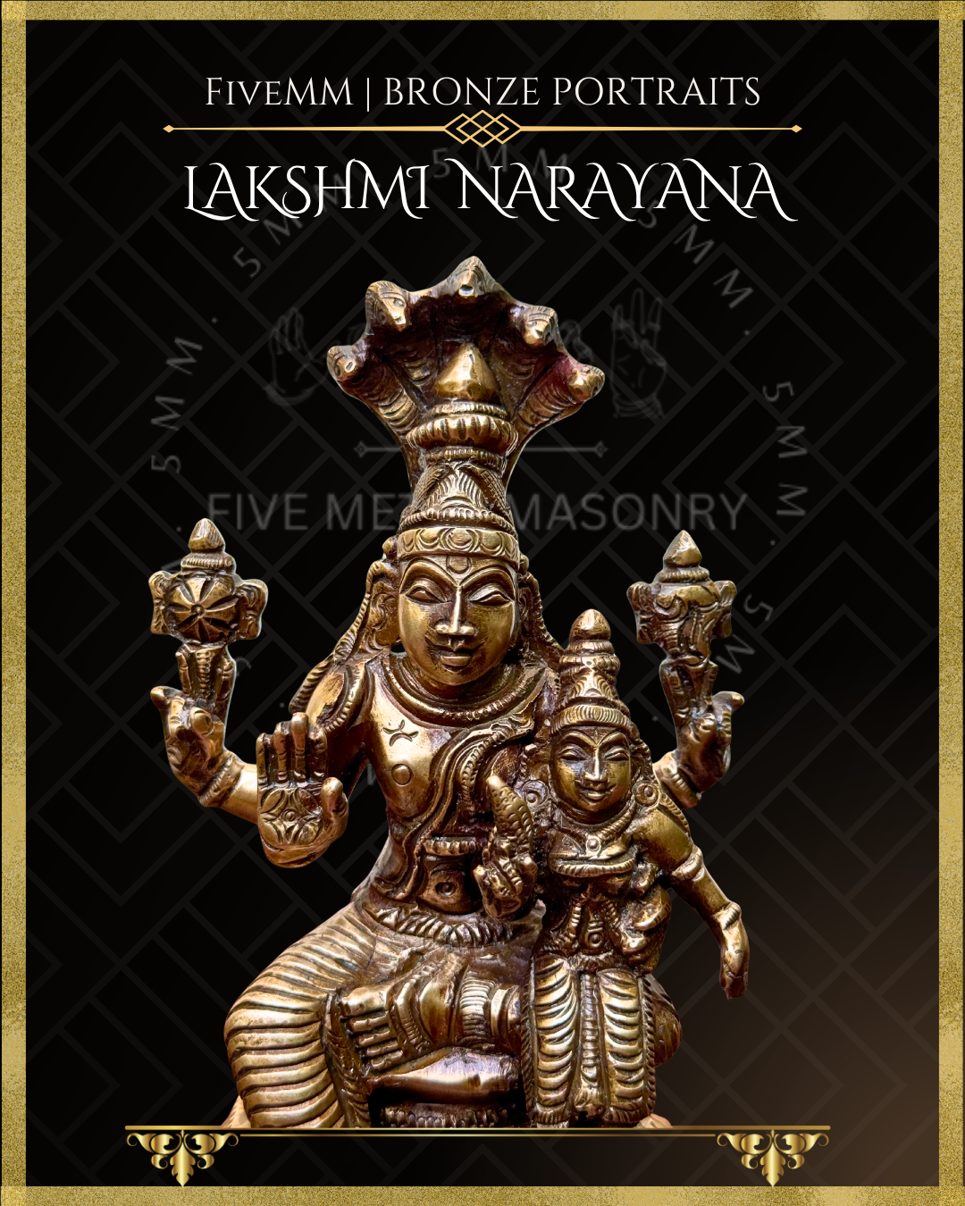 Close up frontal view of Handcrafted Lakshmi Narayana Panchaloha bronze with Narayana seated in lalitasana beneath five-hooded Adi Sesha, holding cakra and sankha, with Lakshmi seated on his lap holding a padma, crafted in the South Indian silpa-sastra and traditional iconographic tradition.