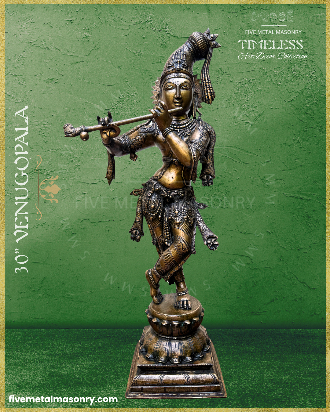 Handcrafted Panchaloha bronze Venugopala Krishna from Five Metal Masonry’s Timeless Collection, standing in svastikasana and playing the venu, with an elongated kesa-bandha decorated with floral motifs, peacock feathers and tassels, detailed ornaments and Silpasastra-inspired iconography.