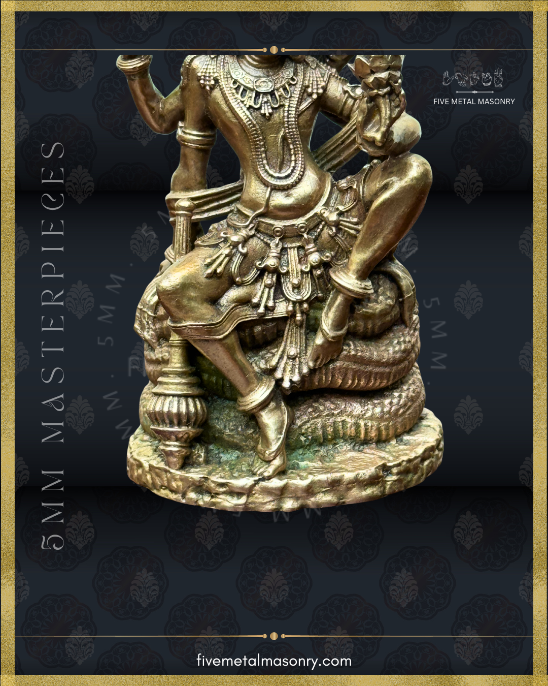 Close-up of Vaikunta Narayana panchaloha bronze showing body, legs, ornamentation and attire detailing